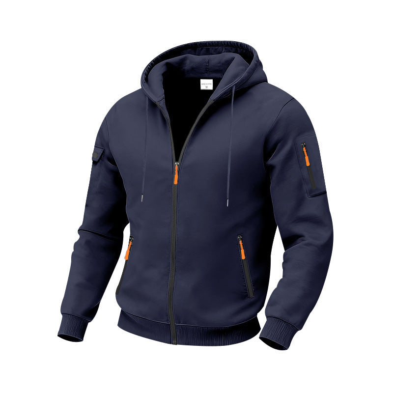 Herren nan funktionale Kapuzen-Sweatjacke mit durchgehendem Reißverschluss, Ärmeltasche und wasserabweisenden Reißverschlüssen Drune