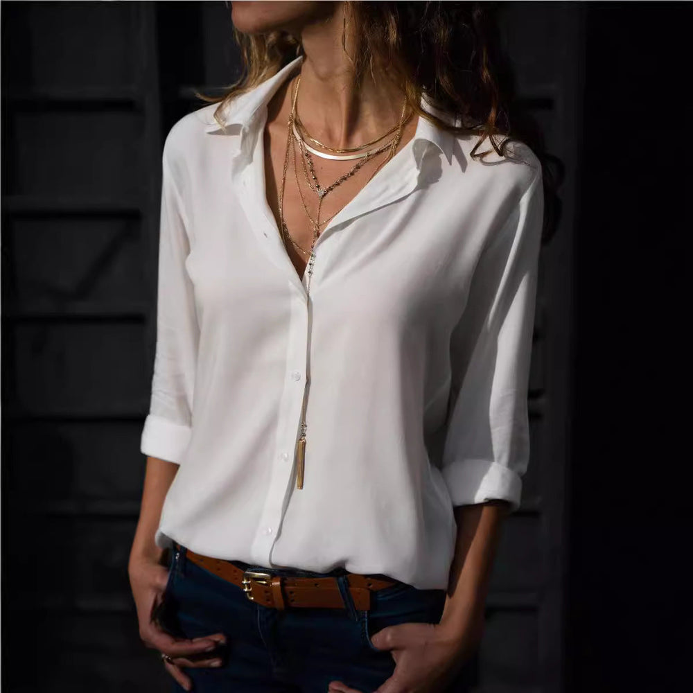 Damen nan lässige Viskose-Chiffon Bluse mit V-Ausschnitt und Umschlagärmeln Drune