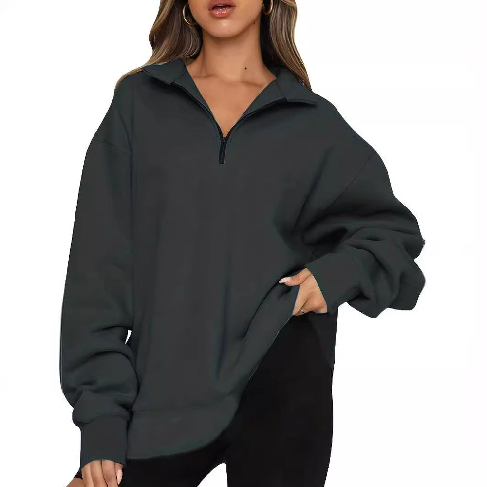 Damen nan Oversized Sweatshirt mit Kurzreißverschluss, Stehkragen und Kängurutasche Drune