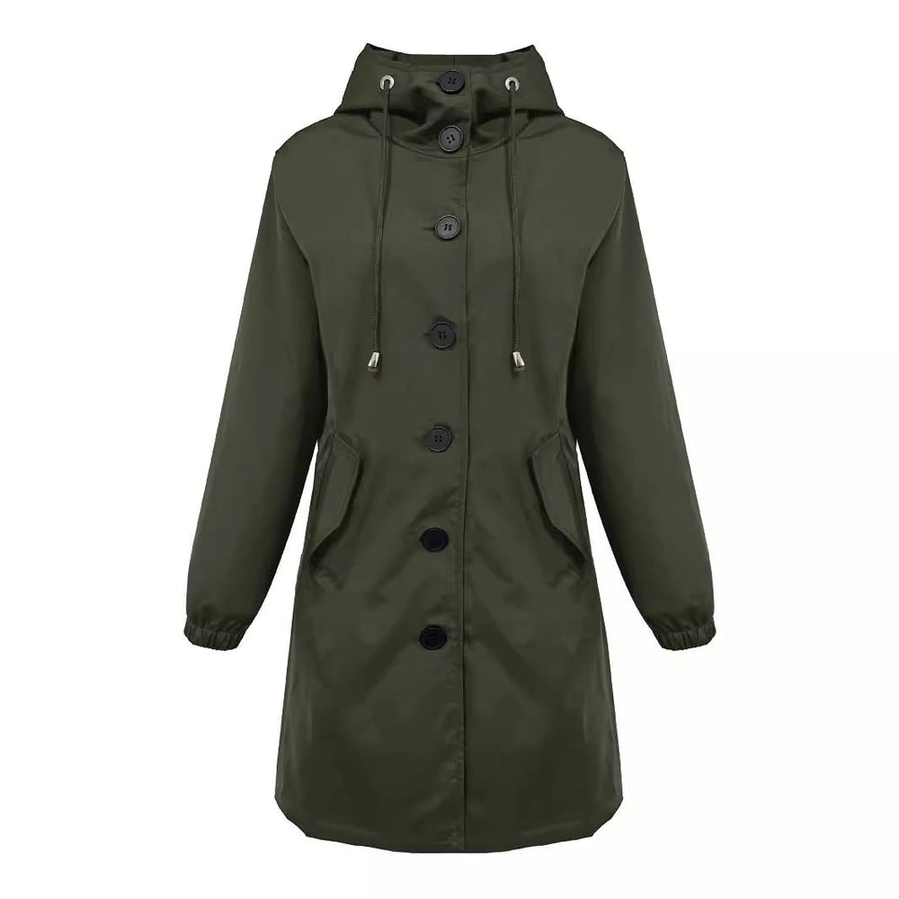 Damen nan leichter Regenparka mit Kapuze, überlanger Knopfleiste, Tunnelzug und aufgesetzten Taschen Drune