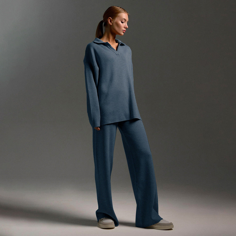 Damen Lounge Set mit Weitbein Hose und Polo Pullover