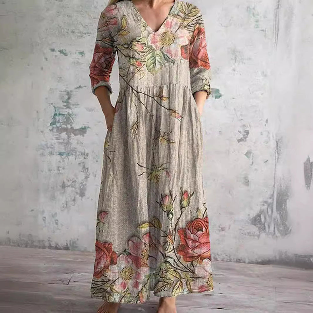 Damen Sommerkleid V-Ausschnitt Blumenprint