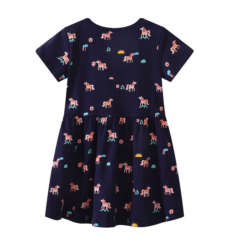 Mädchen Kurzarm Kleid mit verspieltem Einhorn-Motiv Drune