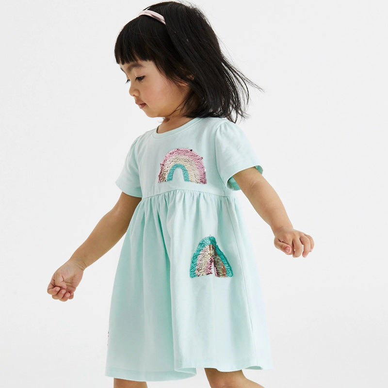 Mädchen Kurzarm-T-Shirt Kleid mit buntem Glitzer-Regenbogen Design Drune