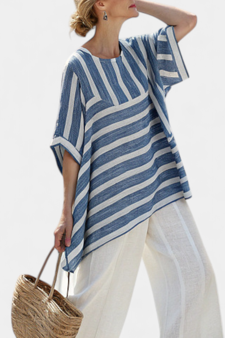 Ornella – elegantes gestreiftes Top in Blau und Hose mit Details am Saum