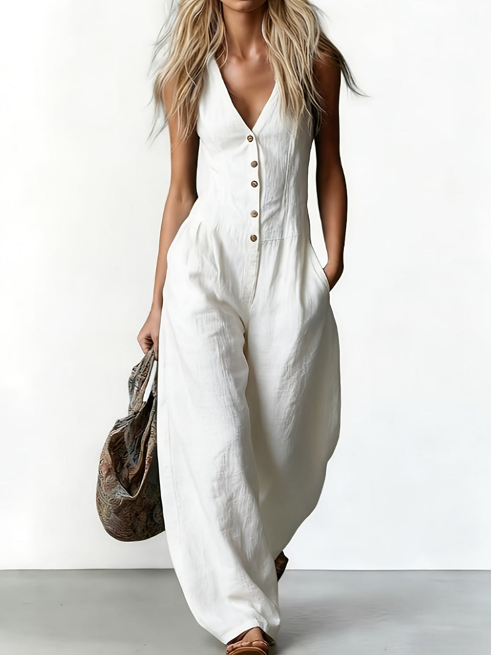Suzanni - Eleganter Ärmelloser Overall Mit Weitem Bein Und V-ausschnitt
