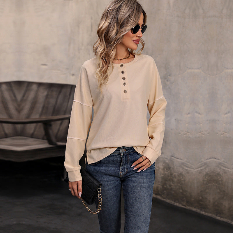 Isabella | Damen Langarm Freizeit Top Mit Knöpfen