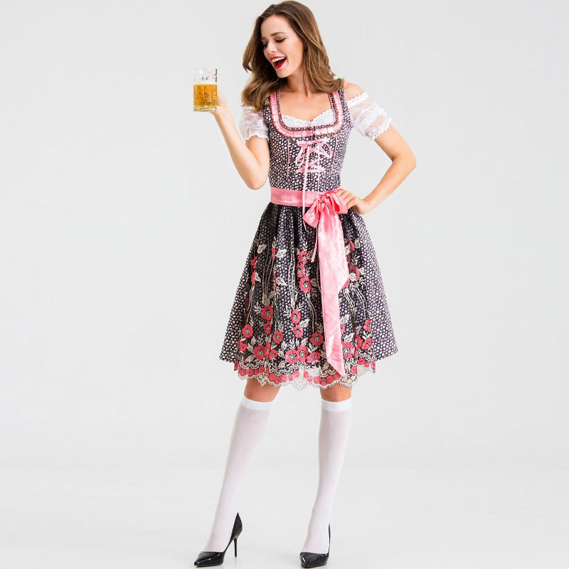 Damen nan traditionelles Kurzdirndl mit Spitzenärmeln, Schnürung und floraler Schürze Drune
