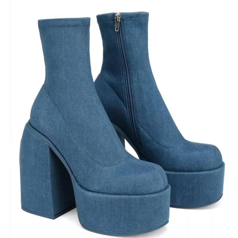Damen nan Plateau-Stiefelette mit hohem Blockabsatz, nahtlosem Stretchschaft und robuster Laufsohle Drune