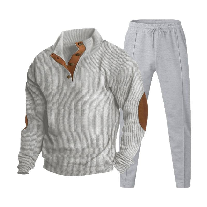 Herren nan strukturiertes Strick-Loungewear-Set mit halber Knopfleiste, kontrastreichen Ellbogenpatches und elastischem Tunnelzug-Jogger Drune