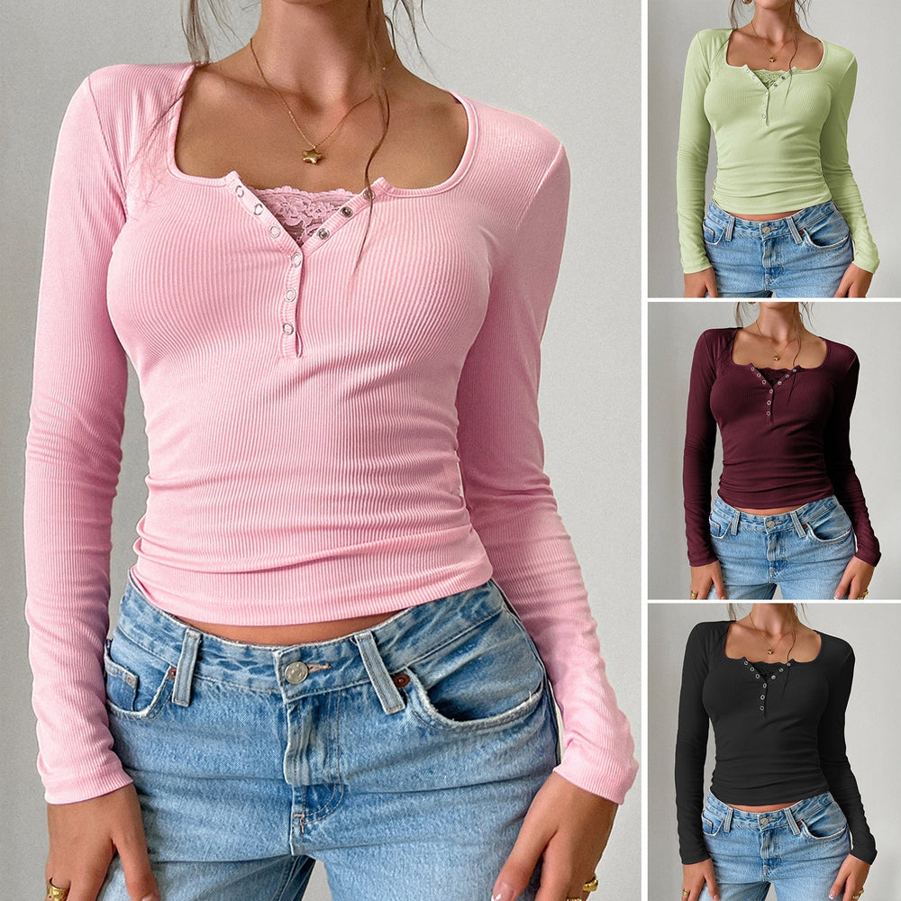 Damen Langarmshirt mit Knopfleiste und Rippstruktur