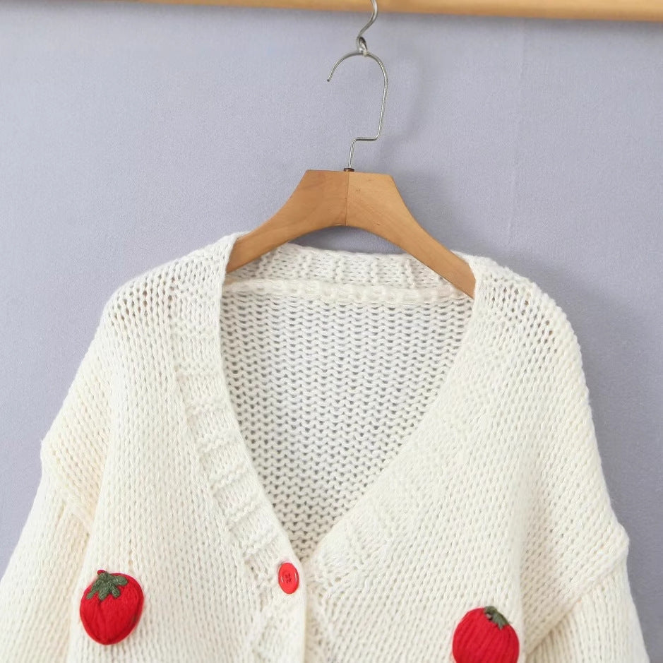 Damen Strickjacke mit Erdbeer-Motiv Drune