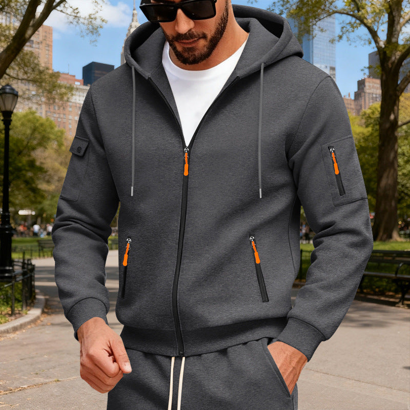 Herren nan Kapuzen-Sweatjacke mit durchgehendem Reißverschluss, mehreren Reißverschlusstaschen und Ärmel-Pocket Drune