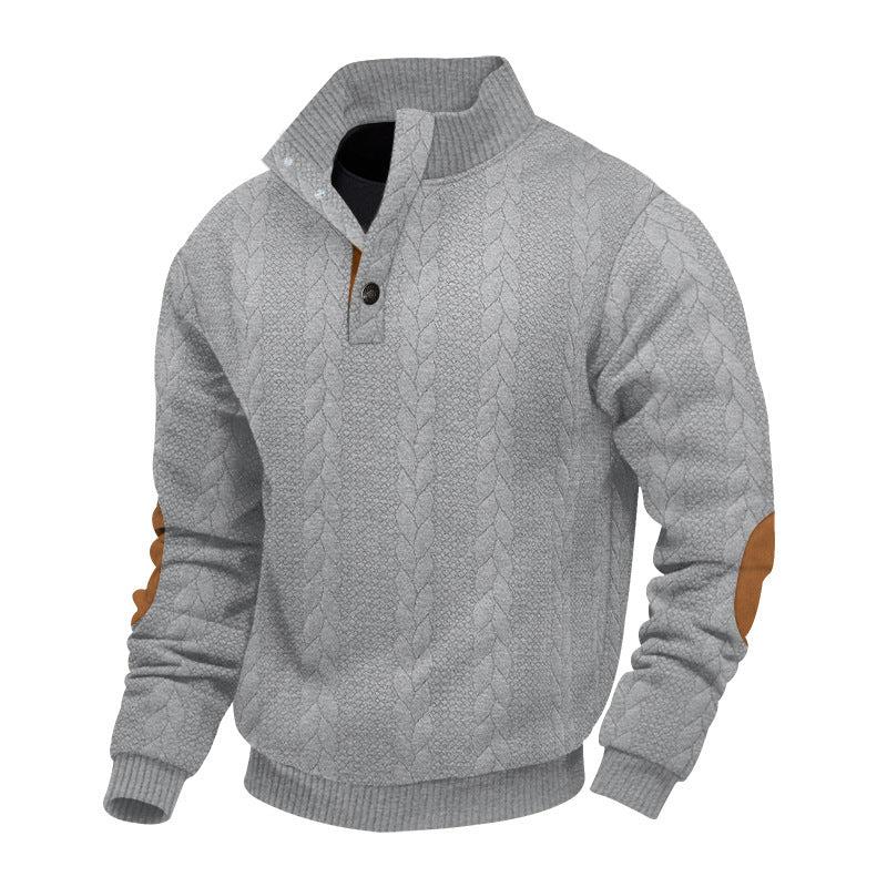 Herren nan Zopfmuster-Pullover mit Stehkragen, halber Knopfleiste und Ellbogenpatches Drune
