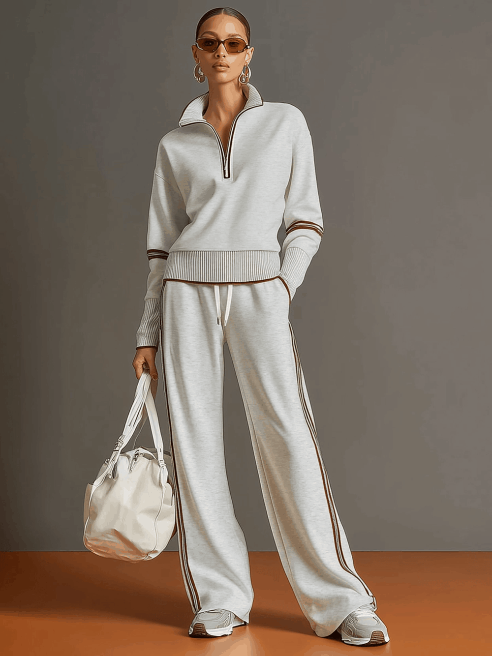 Vintage-inspirierter grauer und weißer Halbzip-Sweatshirt mit weitem Hosen-Set