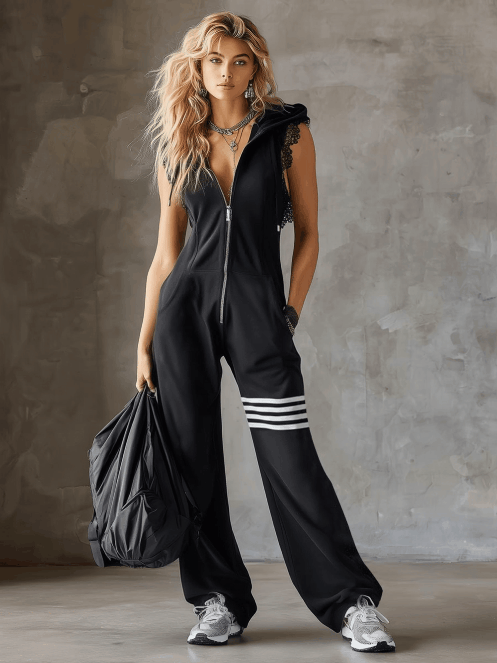 Retro-inspirierter schwarzer ärmelloser Kapuzen-Jumpsuit mit sportlichen Spitzenstreifen