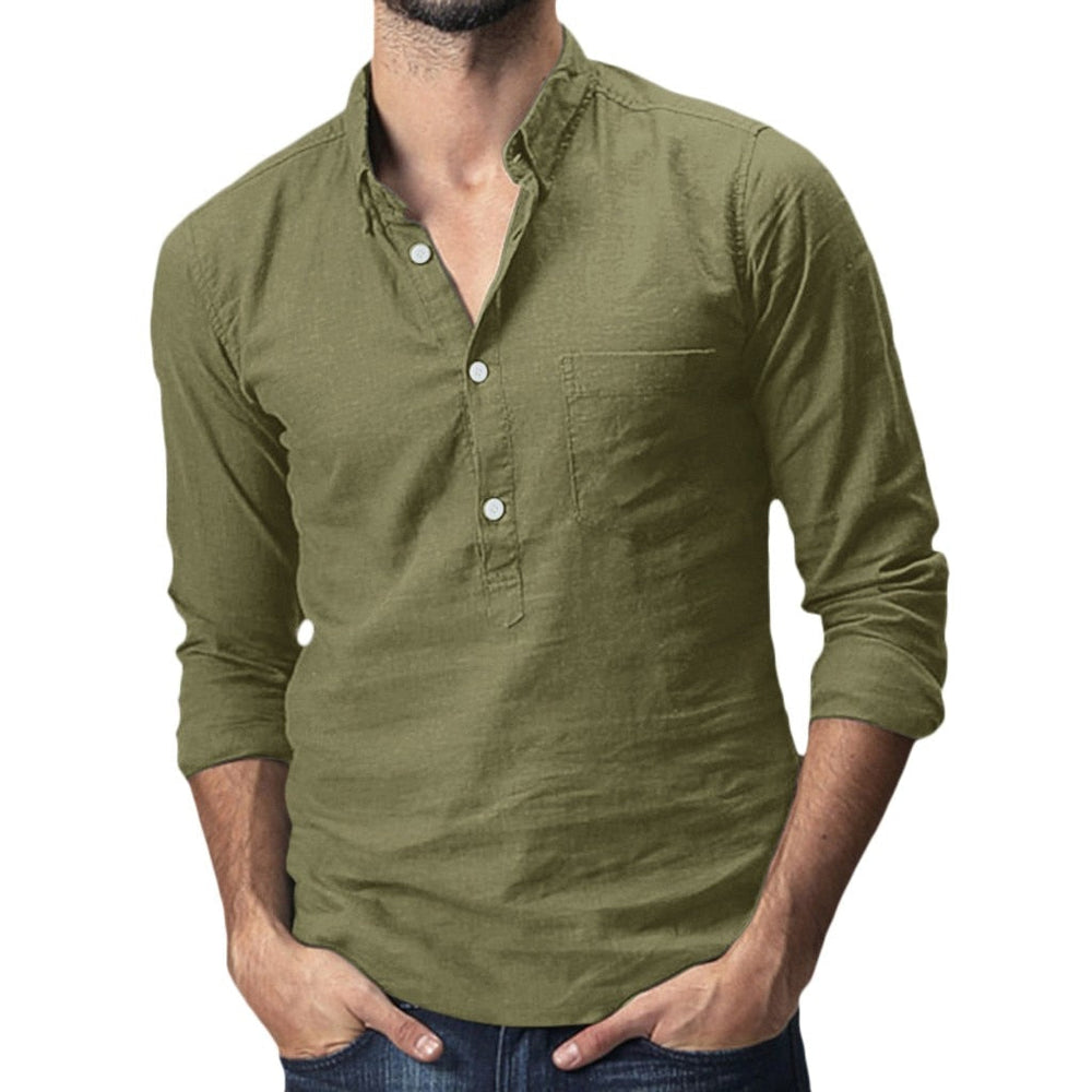 Polohemd Herren | Lässiger Stehkragen & Slim-Fit Langarm im Leinen-Look