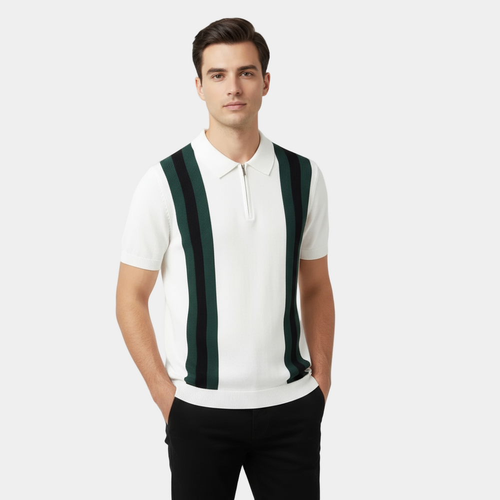 Poloshirt Herren | Retro Strick-Polo mit Kontraststreifen & Reißverschluss