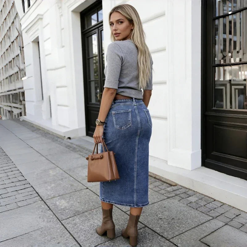Belmira™-Rock aus Premium-Jeansstoff mit Knopfleiste Vorne und Elegantem Schlitz