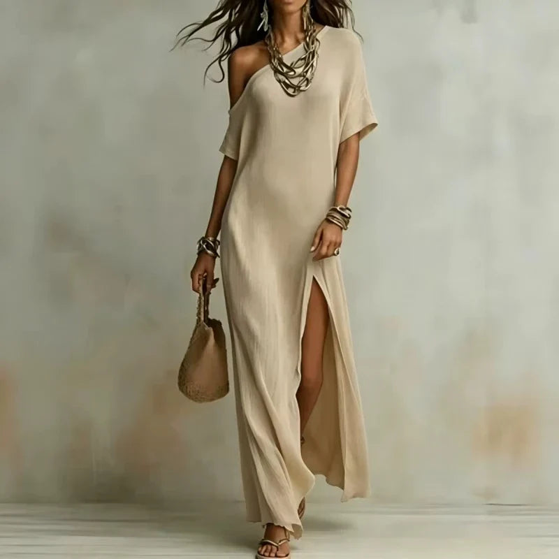 Kleid Velmara™ mit Asymmetrischem Ausschnitt und Elegantem Frontschlitz