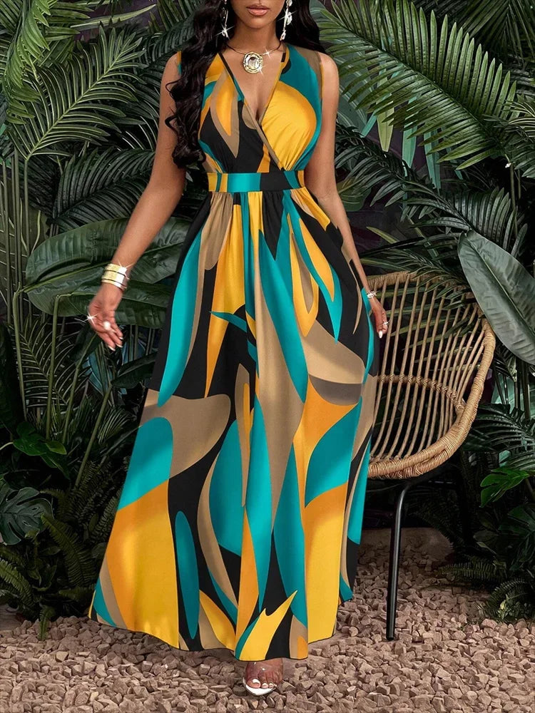 Nina | Damen Maxi-Kleid V-Ausschnitt Colorblock Print Elegant