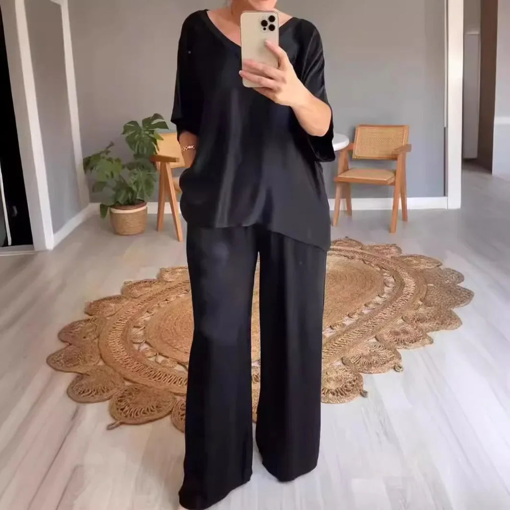Marevielle™ Set Aus Satinartigem Stoff Mit Lockerer Bluse und Fließender Pantalonhose