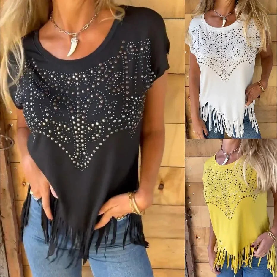 Lumivibe™-Bluse mit Strassverzierungen und Zarten Fransen am Saum