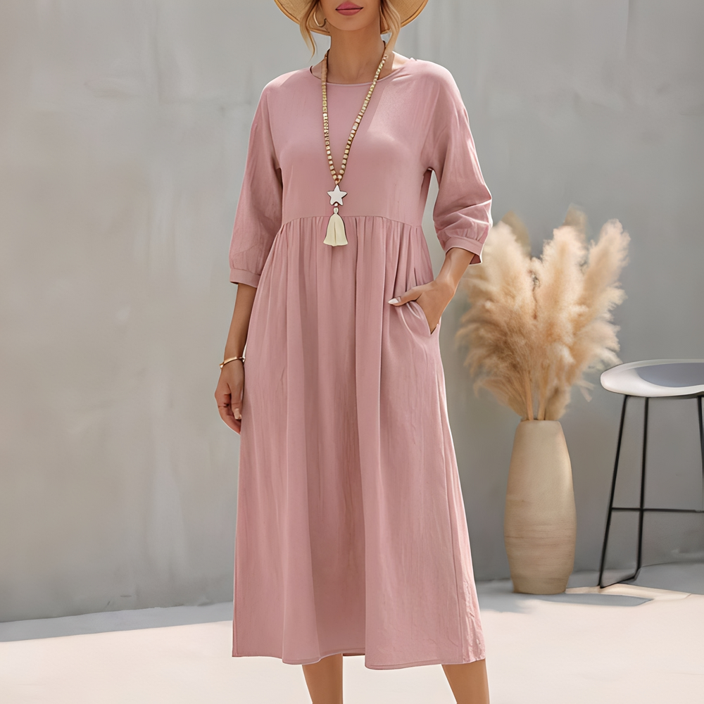 Sommerkleid Midi Damen Empire Taille Dreiviertelarm und Seitentaschen