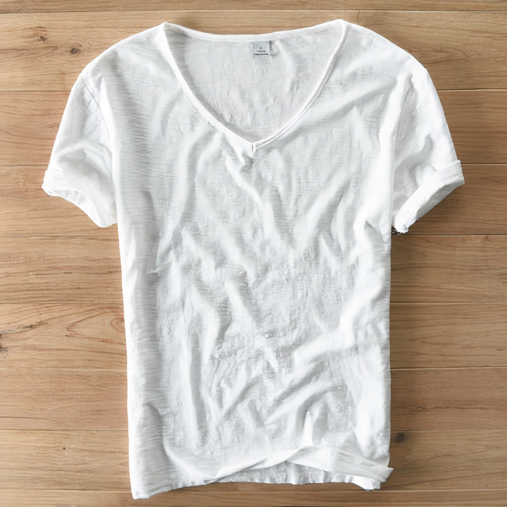 T-Shirt Herren | V-Ausschnitt Leinen-Look Basic Slim Fit Kurzarm