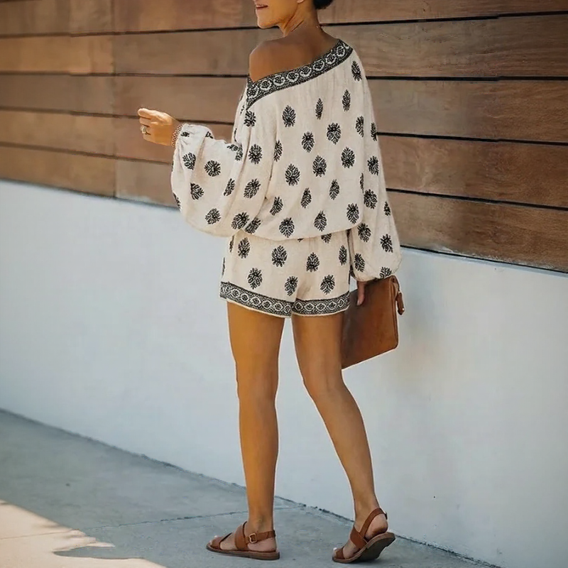 Maravie™ Kurzer Jumpsuit Mit Schulterfreiem Ausschnitt Und Boho-Chic-Muster