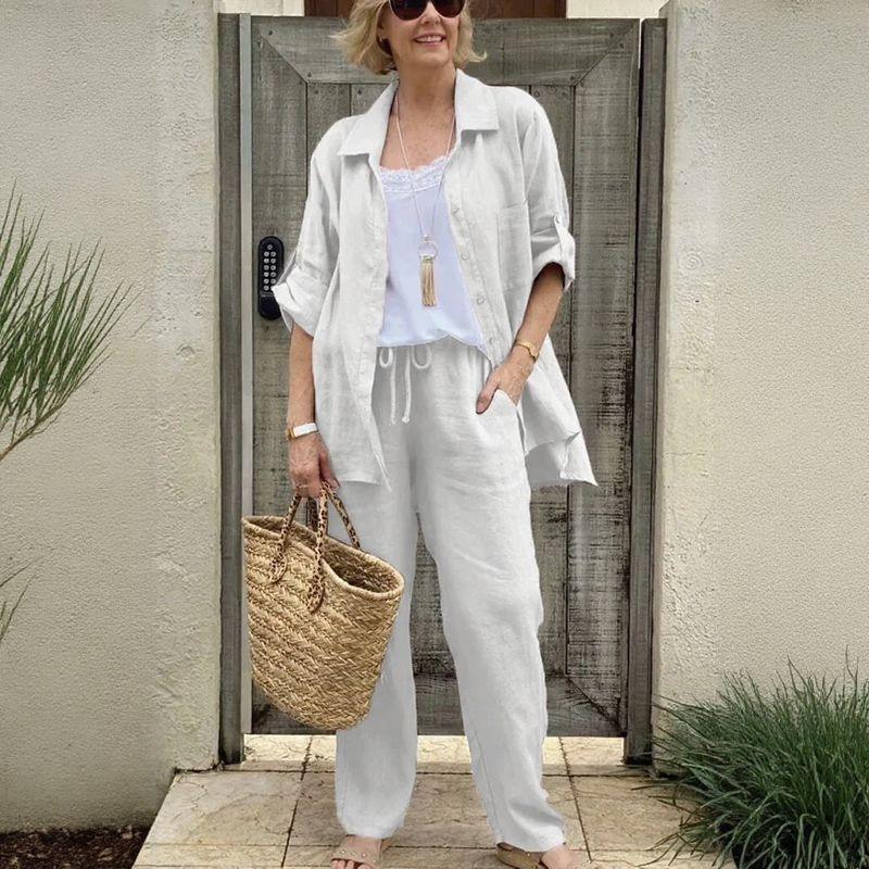 Yasmine™ Baumwoll-Leinen-Set mit Button-down-Hemd und verstellbaren Ärmeln