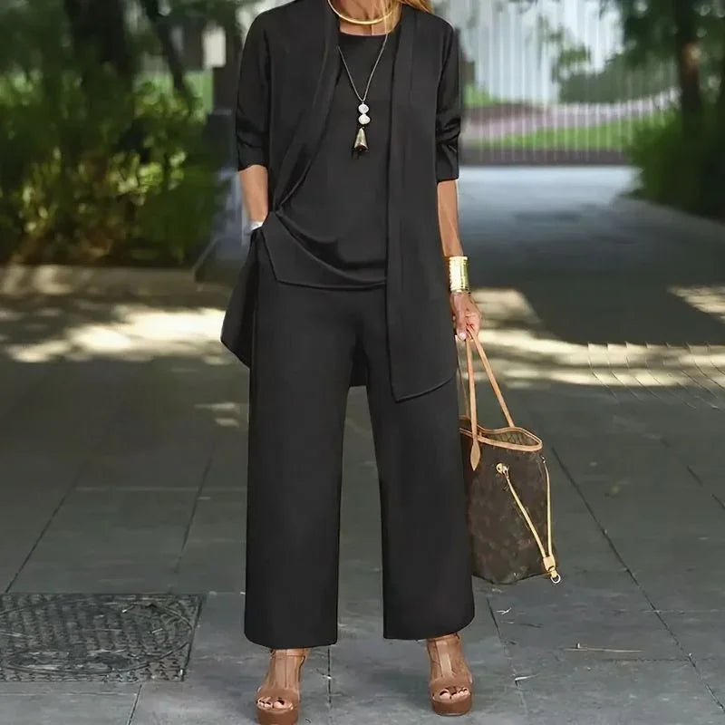 Jade™ Minimalistisches 3-Teiliges Set mit Palazzo-Hose und Langem Cardigan