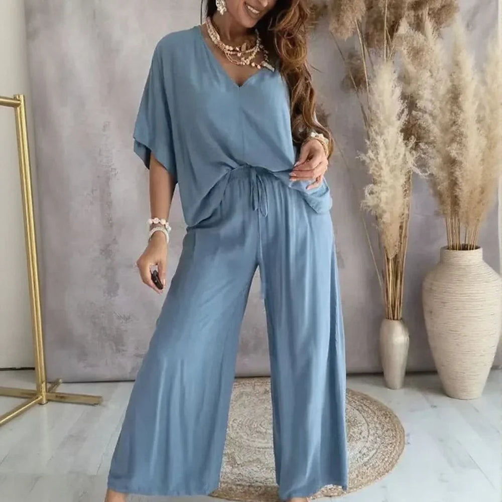Biarritz™ Set — V-Ausschnitt-Bluse & Palazzo-Hose mit verstellbarem Kordelzugbund
