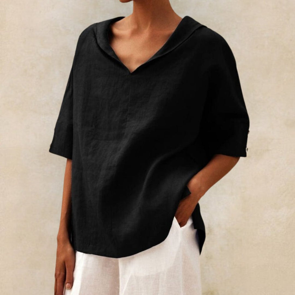 Top Damen | Lässiges Oversized-Kurzarm mit V-Ausschnitt & Umlegekragen