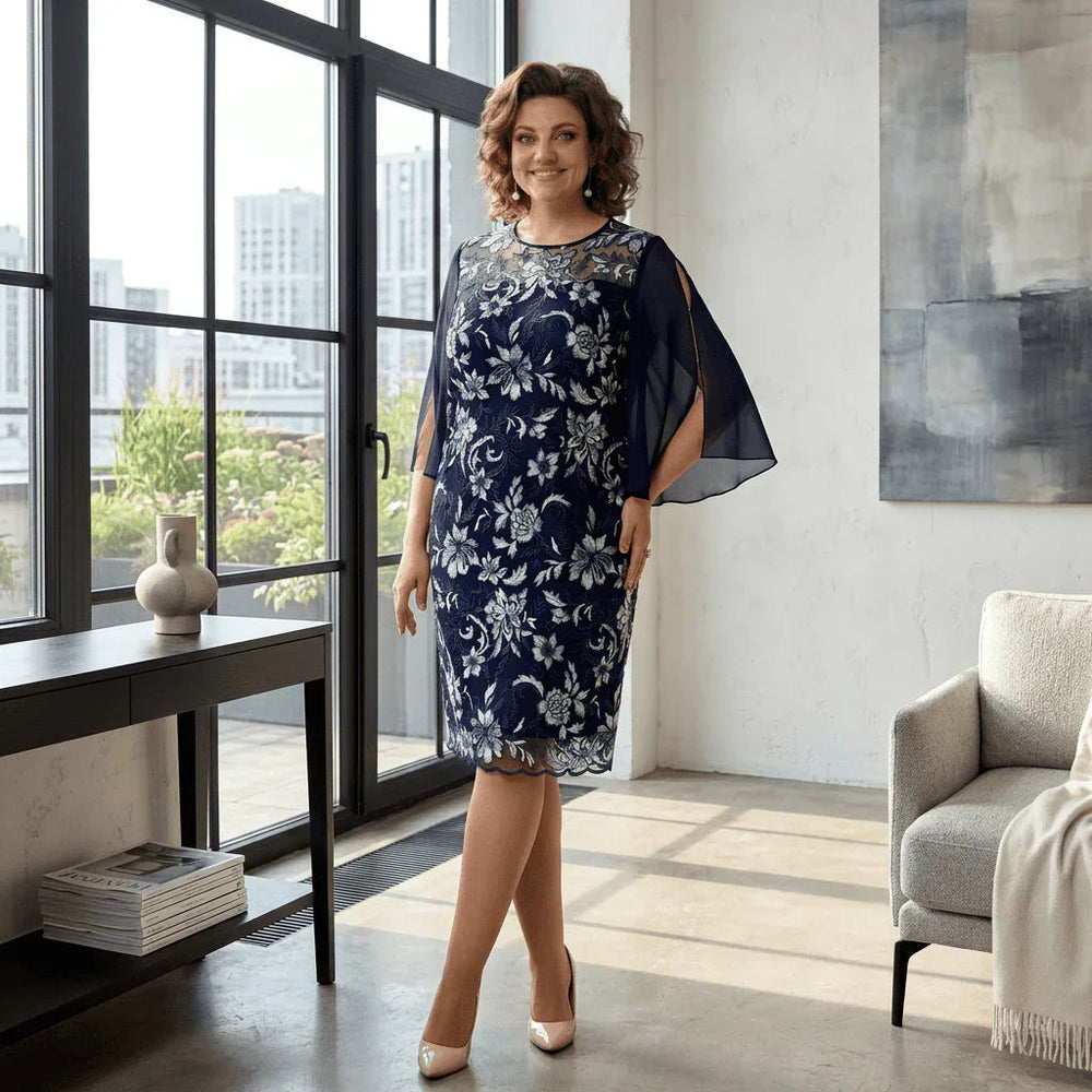 Diana™ Midikleid mit weißem Blumenmuster und transparenten Cape-Ärmeln