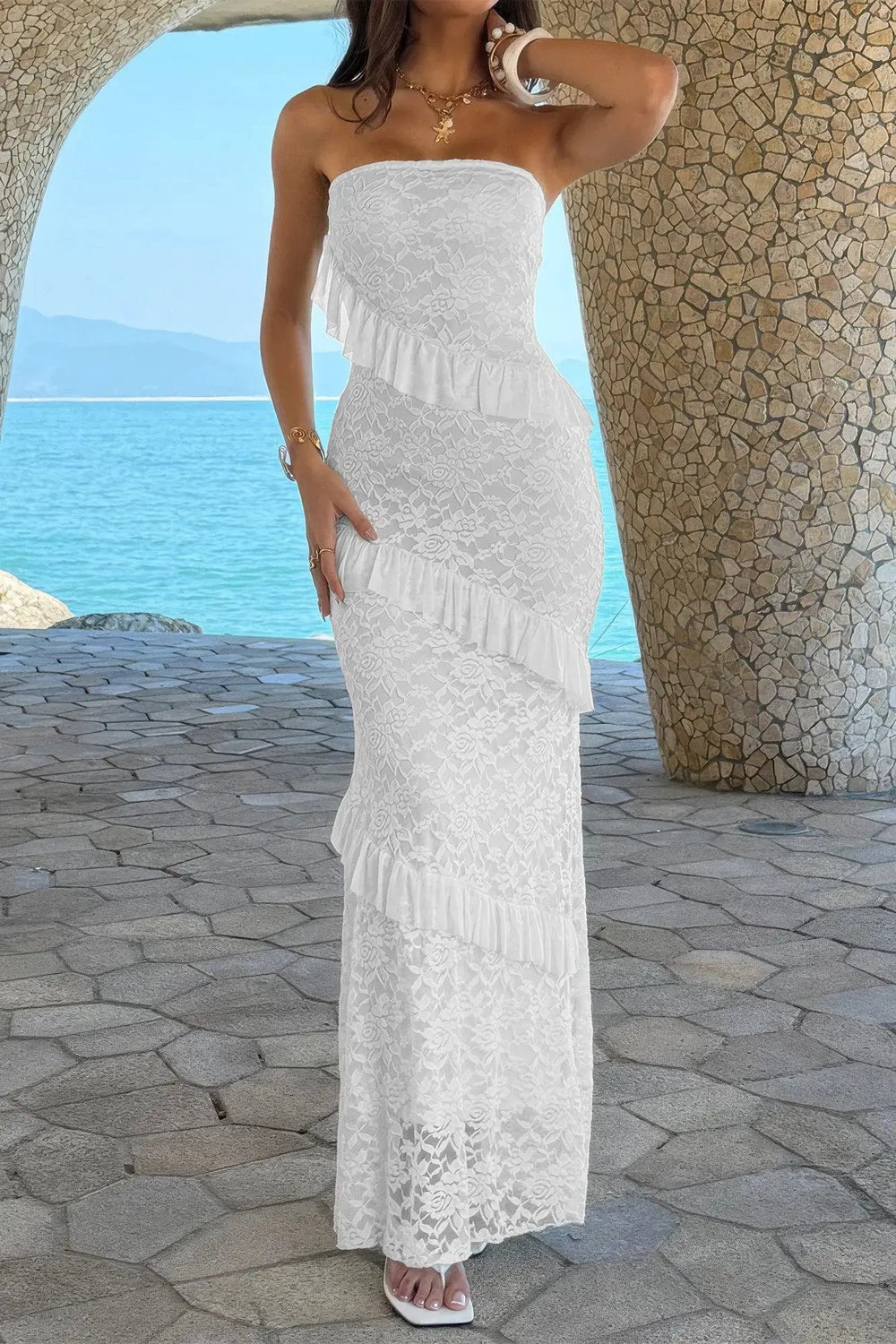 Damen Off Shoulder Bodycon Maxikleid mit Spitze