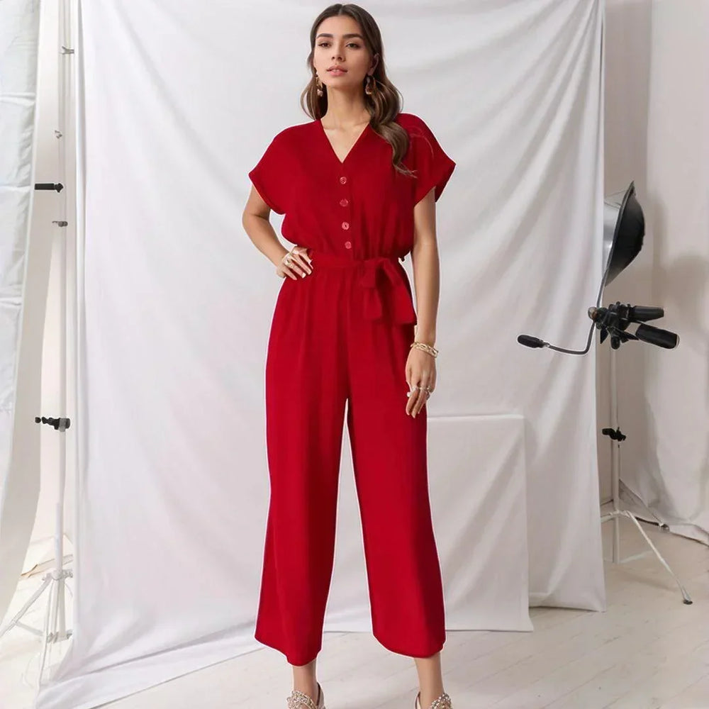 Evelyne™ Jumpsuit aus Soft-Stoff mit Knöpfen und Bindegürtel
