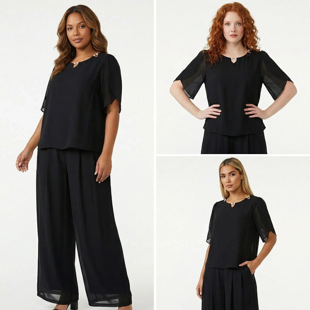 Elara™ Elegantes Popeline-Set mit Raffiniertem Ausschnitt und Langer Hose