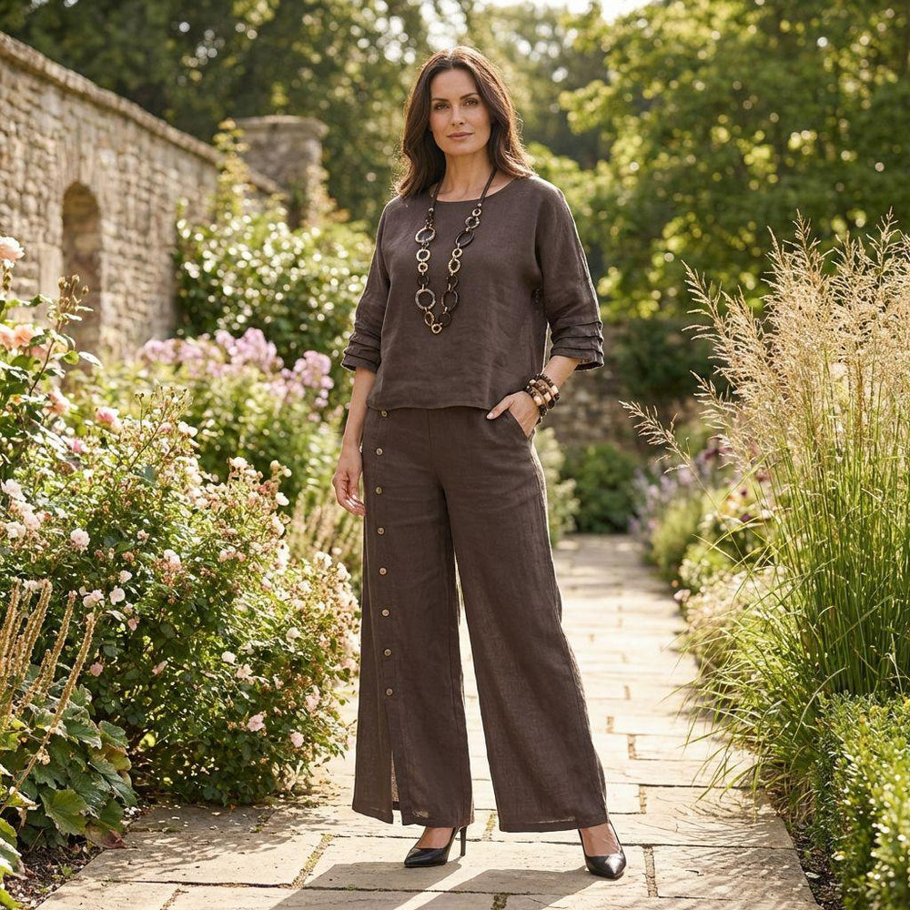 Roots™ Baumwoll-Leinen-Set mit Lockerem Oberteil und Eleganter Weit Geschnittener Hose