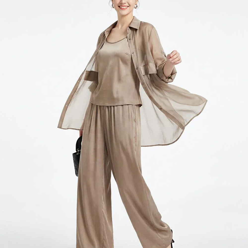 Seville Satin Touch™ 3-Teiliges Set mit Fließender Überwurfbluse und Weiter Hose