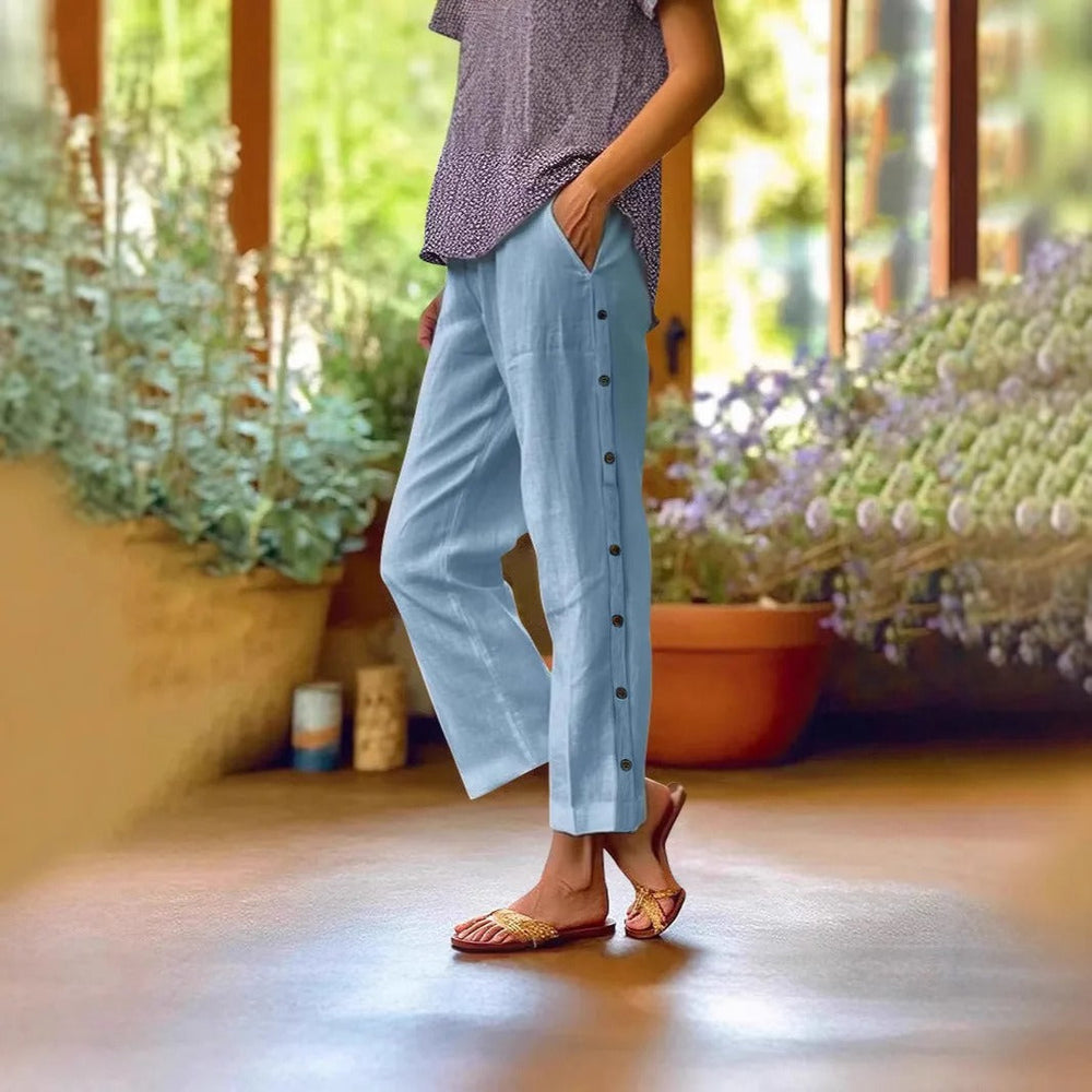 Ella™ Cropped-Hose aus Baumwoll-Leinen mit Eleganten Seitlichen Knöpfen