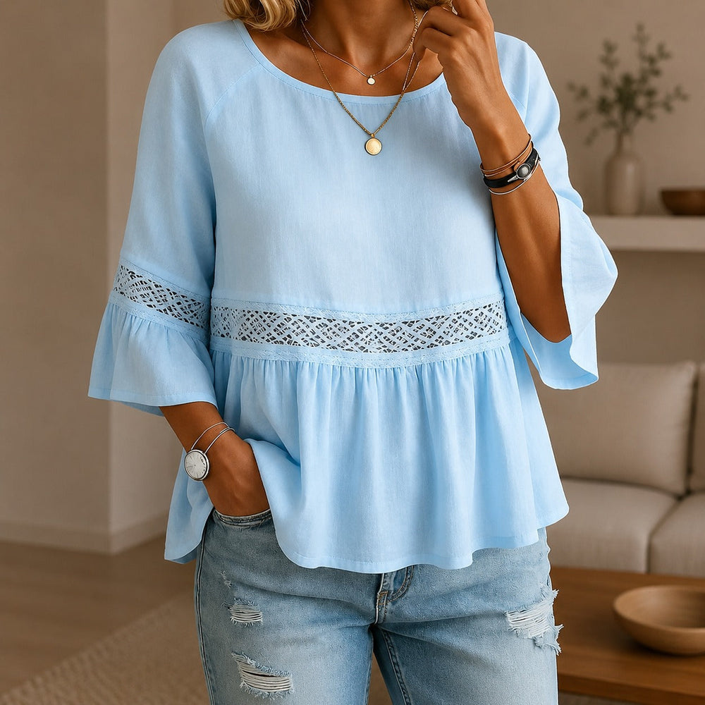 Alina™ Bluse aus Baumwoll-Leinen mit Zarter Spitze und Ausgestellten Ärmeln