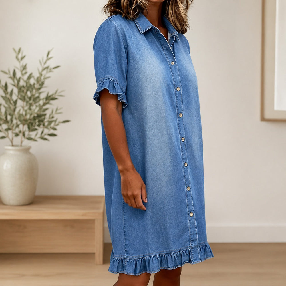 Hemdblusenkleid Marla™ aus Leichtem Denim mit Klassischem Kragen und Volantärmeln