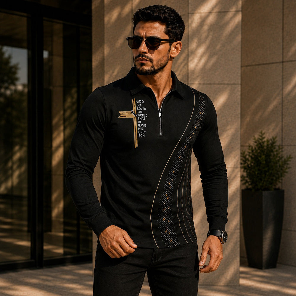 Poloshirt Konrad™ mit Goldakzenten, Strukturdetail und Reißverschluss