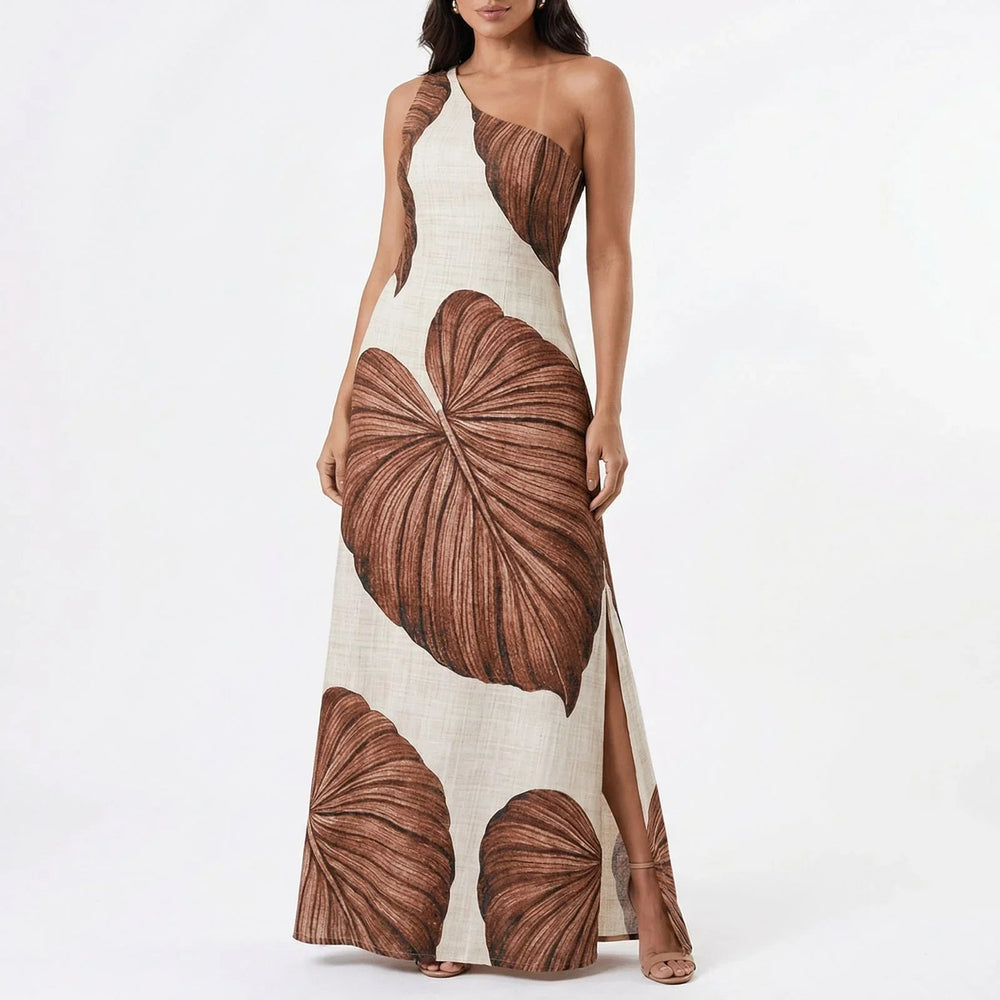 Yara™ Maxikleid aus strukturierter Viskose mit seitlichem Schlitz und asymmetrischem Ausschnitt