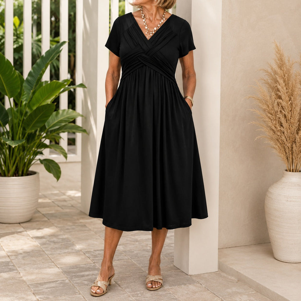 Kleid Lirenne™ mit V-Ausschnitt, drapiertem Oberteil und fließendem Fall