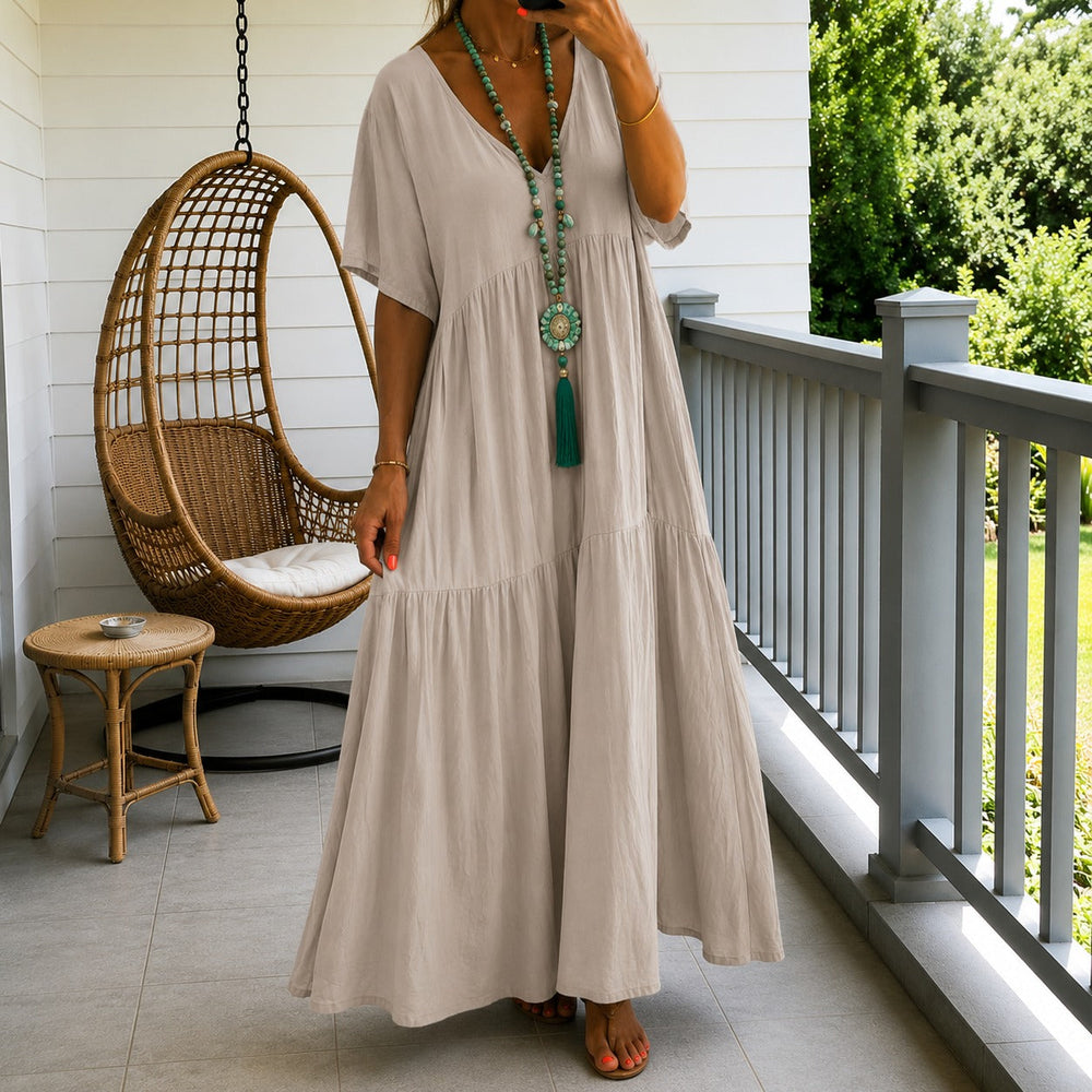 Liorenna™ Kleid aus Baumwoll-Leinen mit Lockerer Passform und V-Ausschnitt