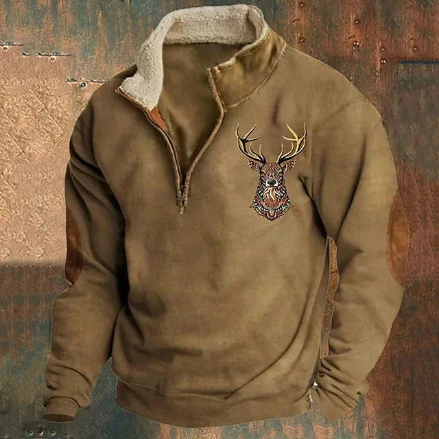 Walter | Herren Winter Fleece Pullover mit Hirschmotiv und Reißverschlusskragen