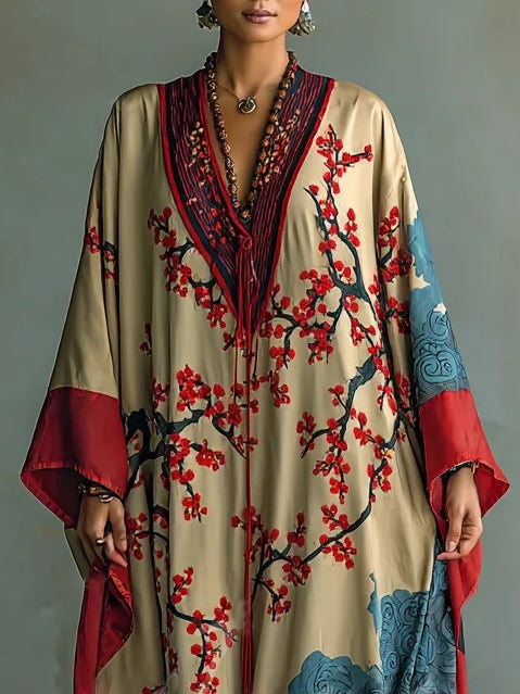 Maxi-Kleid mit Fledermausärmeln und japanischem Rot-Pflaumenblüten-Druck