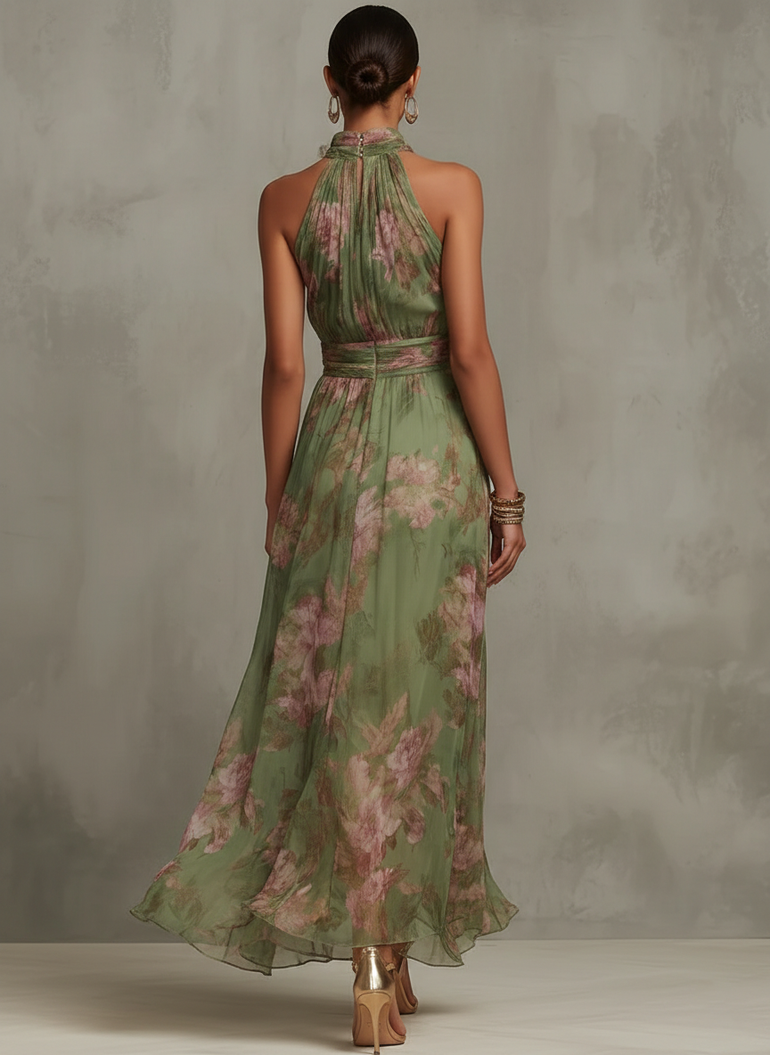 Serena | Damen Langes Chiffonkleid Blumenmuster Neckholder – Florales Chiffon Maxi